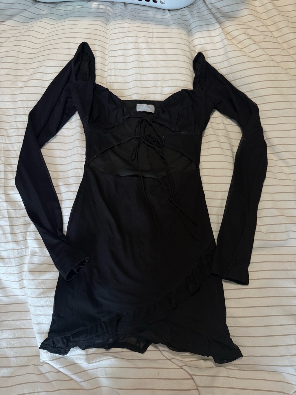 Elegant Black Long-Sleeve Ruffle Hem Dress with Tie Front